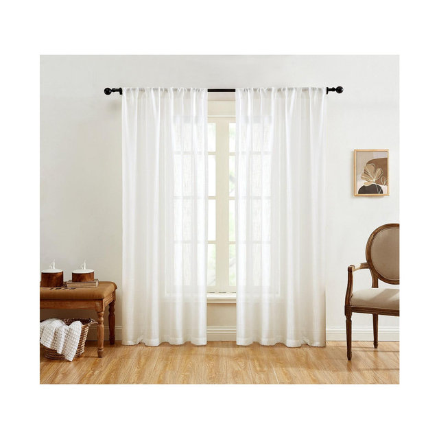 HLC.me Linda Faux Linen Textured Semi Sheer Privacy Sun Light Filtering Transparent Window Rod Pocket Short Thick Curtains Drapery Panels for Bedroom & Office, 2 Panels (54 W x 72 L, White)