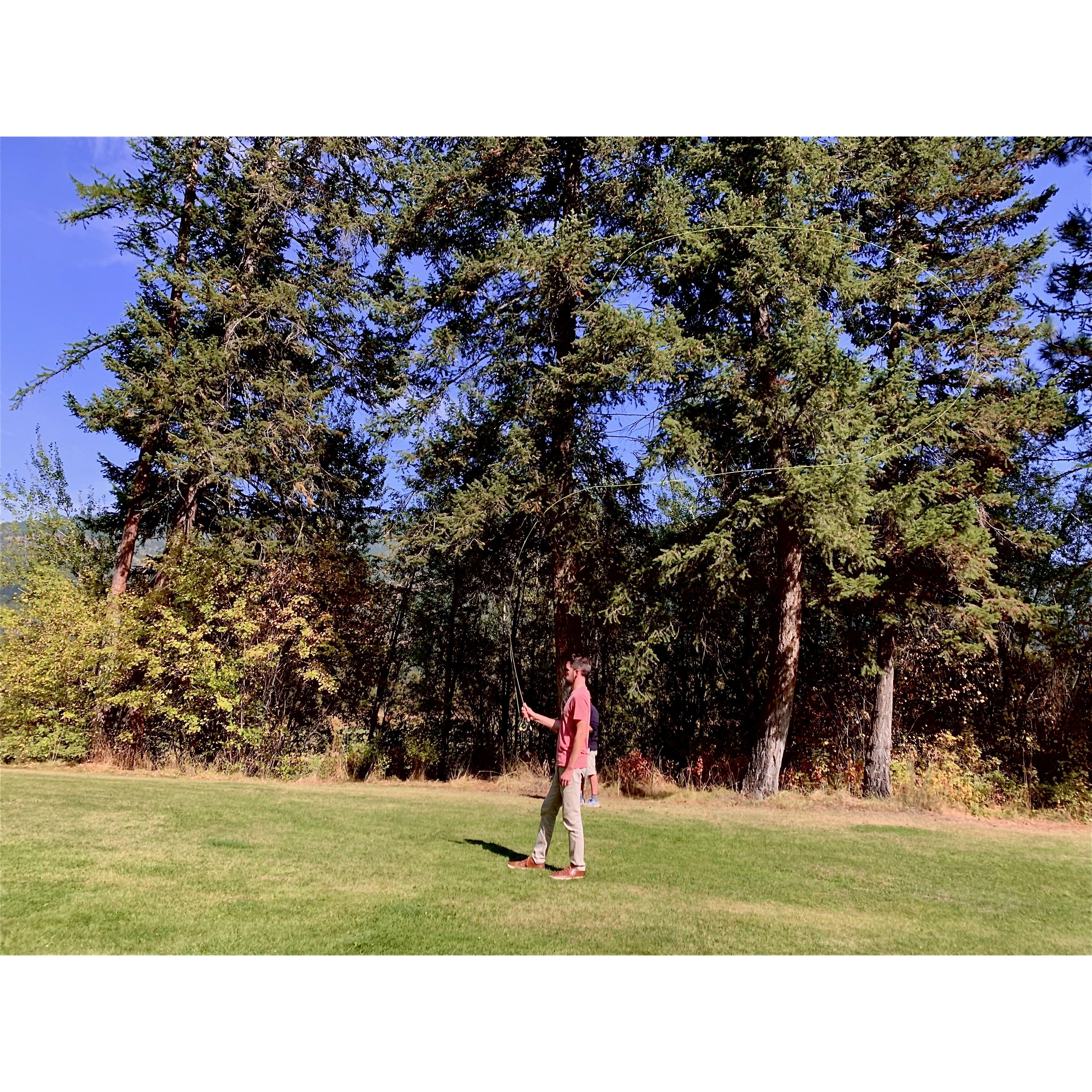 Jeff learns to fish in Montana...and somehow assumes the posture of Ben Franklin?
