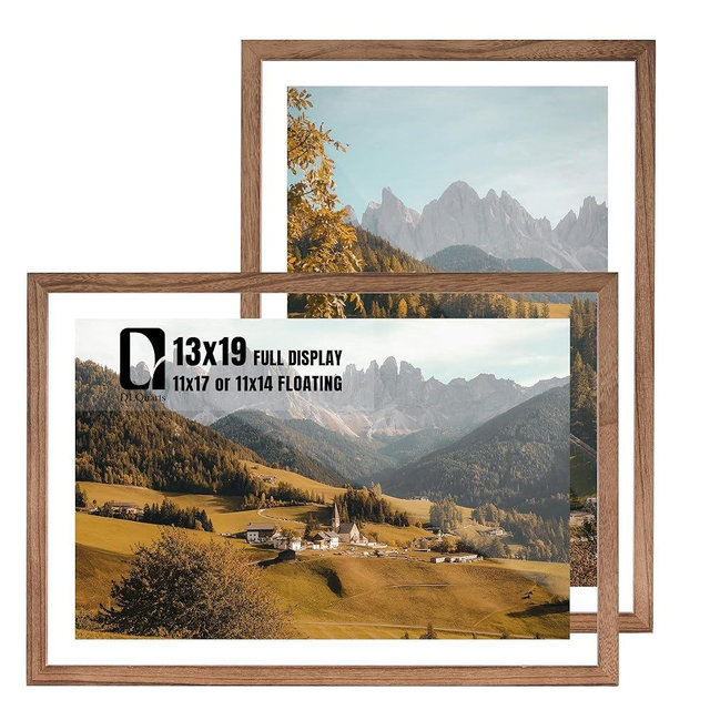 DLQuarts 13x19 Floating Picture Frame for 11x17/11x14 Photos, 2-Pack Solid Wood Double Plexiglass Wall Art Frames, Any Size Photo up to 13x19 Display, Carbonized Wood