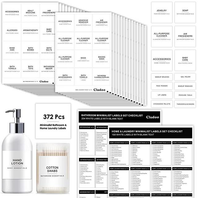 372 PCS Bathroom Home Laundry Labels for Organizing with DIY Blank Labels, Preprinted Minimalist Waterproof Oil Resistant Stickers for Bathroom Laundry Home Beauty Organization Supplies Labels
