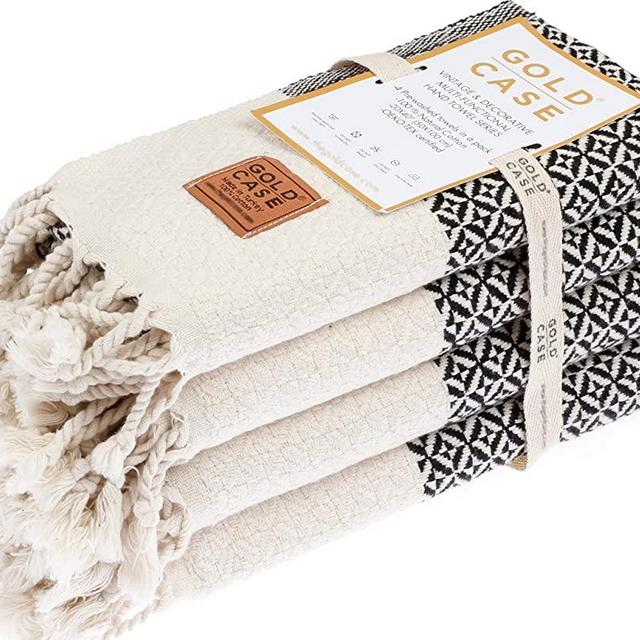 GOLD CASE Aphrodite Original Turkish Hand Towels - Set of 4 - 20x40 100% Cotton Decorative Bathroom and Kitchen Towel for Hand, Face, Hair, Head, Farmhouse, Yoga, Gym. Tea Towel & Dishcloth, Black