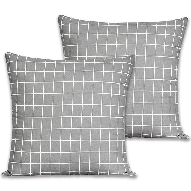 KEQIAOSUOCAI Farmhouse Checkers Plaids Throw Pillow Covers Cotton Linen Pillow Case - White Line Grey Square Cushion Case for Sofa Bedroom Car 20 x 20 Inch 50 x 50 cm