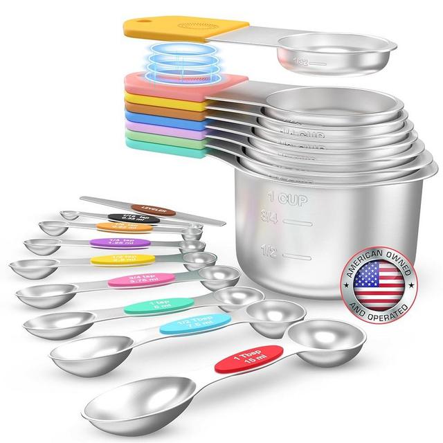 Magnetic Measuring Cups and Spoons Set of 17 - Stackable Stainless Steel Magnetic Measuring Spoons Set with Leveler - Dual Marking Scale Measuring Cup for Dry and Liquid Ingredients - Baking & Cooking