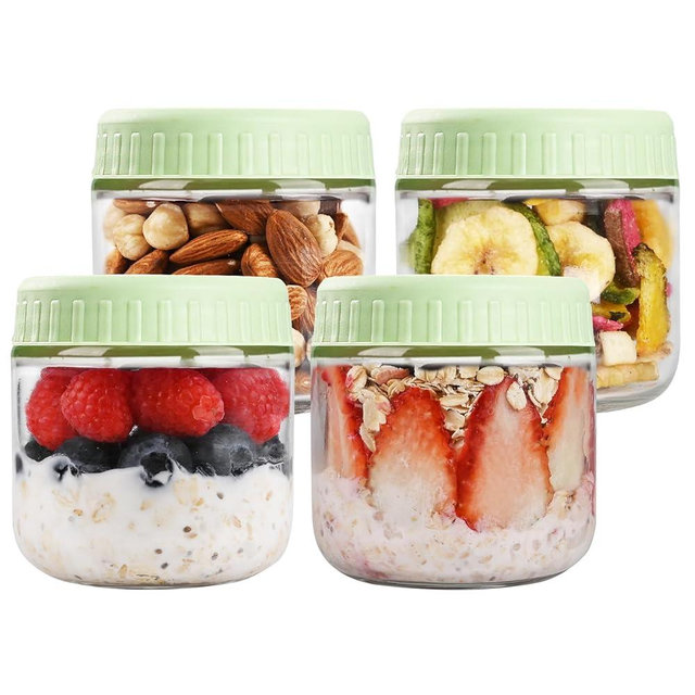 SHOWIN Overnight Oats Containers with Lids, 10oz Glass Jars with Lids 4 pcs, Light Green, Wide Mouth Mason jars for Salad, Yogurt, Snacks, Meal Prep
