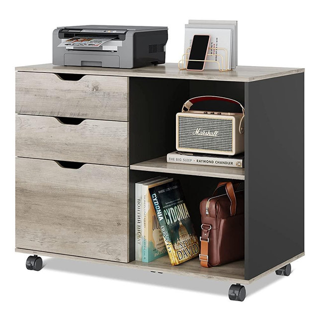 DEVAISE 3-Drawer Wood File Cabinet, Mobile Lateral Filing Cabinet, Printer Stand with Open Storage Shelves for Home Office, Greige