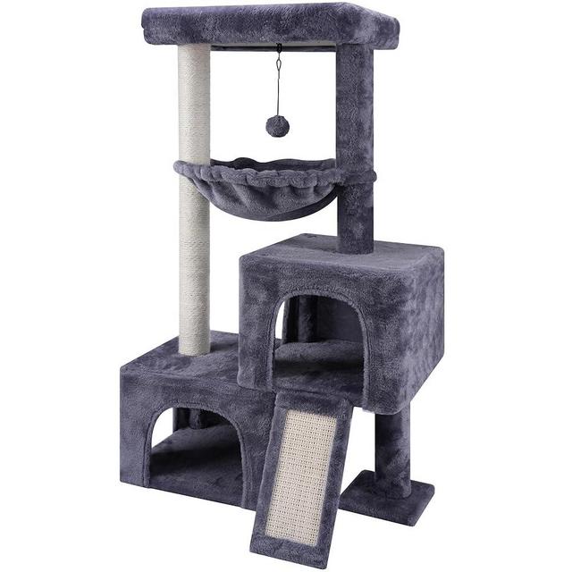 AIWIKIDE 37.4" Cat Tree Cat Tower with Twin Cat Condos for Indoor Cats, All-in-One Activity Center Cat House Furniture with Cat Scratching Post Cozy Sleeping Perch Hammock and Toy Balls,Grey