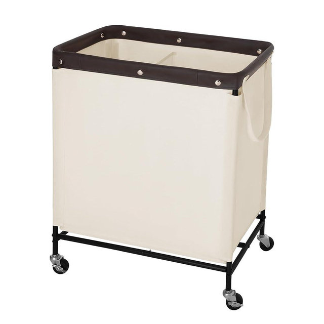 StorageWorks 100L Laundry Hamper with Wheels, 2-Section Rolling Laundry Cart, Laundry Room Cart, Dirty Clothes Basket for Hotels, Bathrooms, Dormitories, Beige