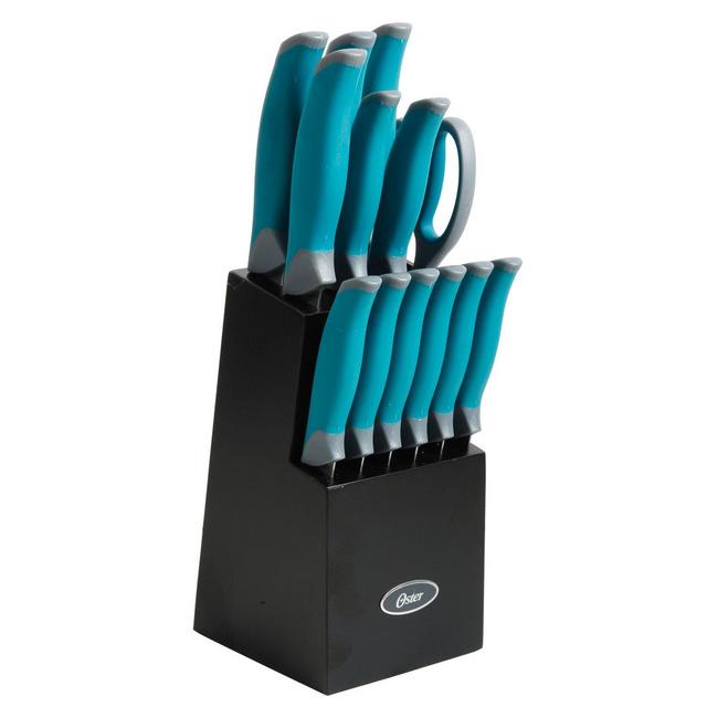 Oster 81007.14 Lindbergh 14 Piece Stainless Steel Cutlery Set Black Block, Teal Handles