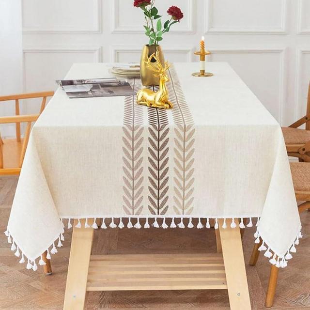 Linen Rectangle Table Cloth Waterproof Cotton Fabric Farmhouse Burlap Rustic Boho Embroidered Leaf Oblong Tablecloth for Party, Camping,Picnic,Kitchen and Dining Room Table Decor,55"x 102", 8-10 Seats
