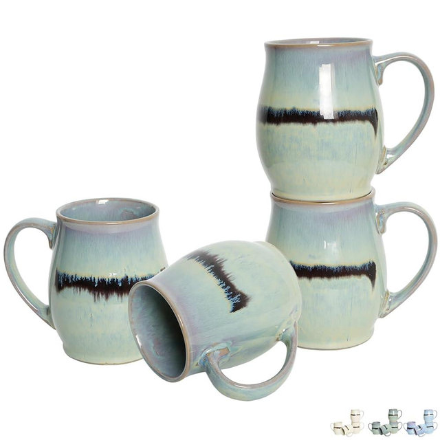 Bosmarlin Large Ceramic Coffee Mug Set of 4, 25 Oz, Coffee Cups with Big Handle, Dishwasher and Microwave Safe (Turquoise Green Light)