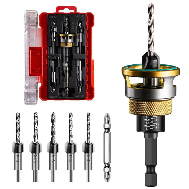 Countersink Drill Bit Set - 5 Pcs Countersink Drill Bit with Aluminum Alloy Depth Stop Collar, HSS M2 Bearing Stopper Anti-Scratch, 82° Counterbores 1/4” Hex Shank for Woodworking Tools & Hand Tools