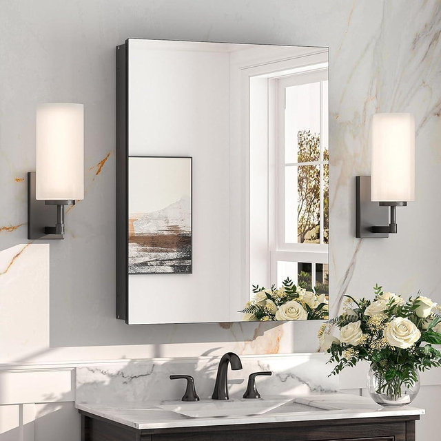 Keonjinn 20 x 26 Inch Black Medicine Cabinet, Bathroom Medicine Cabinet with Mirror, Lightweight Aluminum Structure, Assembly Required, in Wall or Wall Mount, Free Adjustable Shelves, Tempered Glass