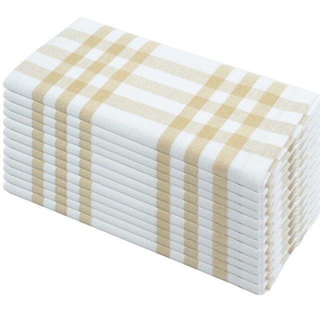 PurpleEssences Homestead Plaid Set of 12 Cloth Dinner Napkins 100% Cotton 18x18 - Soft Durable Washable - Ideal for Farmhouse Party Wedding Spring Summer Easter - Beige and White