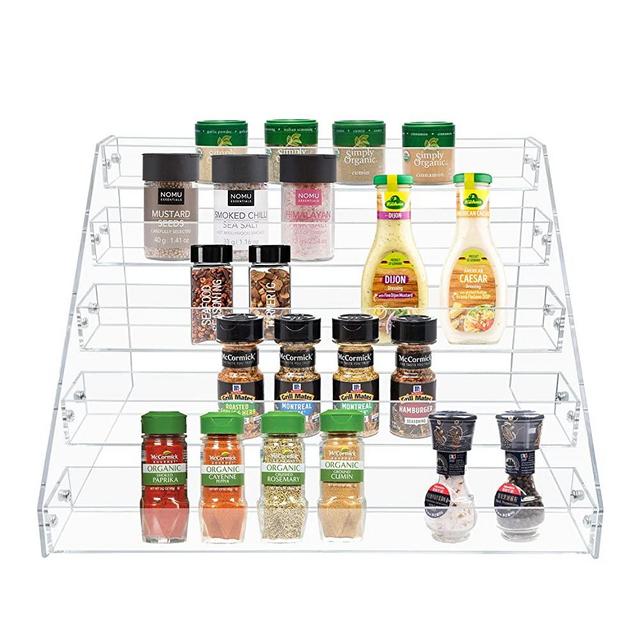 PMMASTO Widen Tiered Spice Rack, Seasoning Organizer, Clear Acrylic Vertical Shelves Can OrganWizer for Countertop, Cabinet, Pantry, Kitchen Organization & Storage - 5 Tier