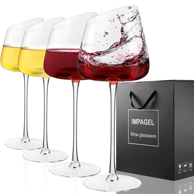 Slanted Red/White Wine Glasses, Crystal, Large, Hand-Blown Set of 4 Modern Long Stem Wine Glasses, Premium Clear Glass with Unique Concave Base, Gift Packaging for Christmas Birthday 18 oz