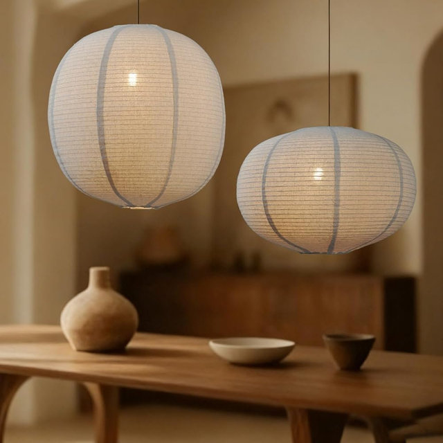 METHEDEECO 2 Pack Pendant Lamp Shades, 16 Inch Linen Hanging Light Shades, Oval and Round Lantern Shade Covers, Beige Fabric Boho Japandi Minimalist Decor, Shades Only for Bedroom, Living Room