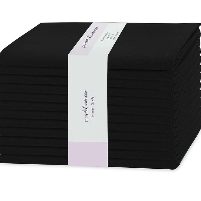 PurpleEssences Set of 12 Cloth Dinner Napkins 100% Cotton 18x18 - Soft Durable Washable - Ideal for Farmhouse Party Spring and Summer - Perfect Everyday Use Table Linen - Black