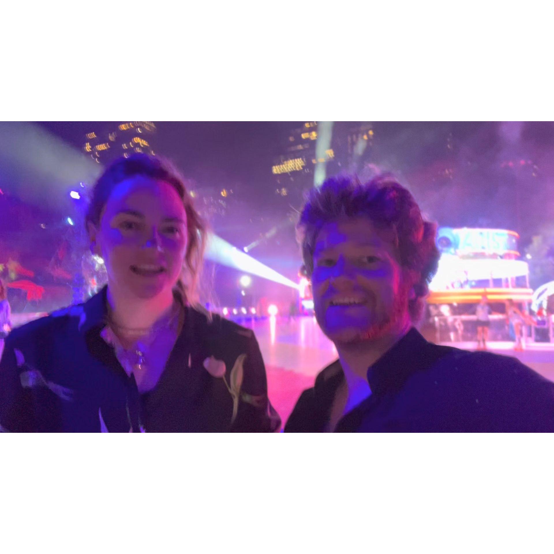 Us dancing the night away on skates in a central park popup skate rink.