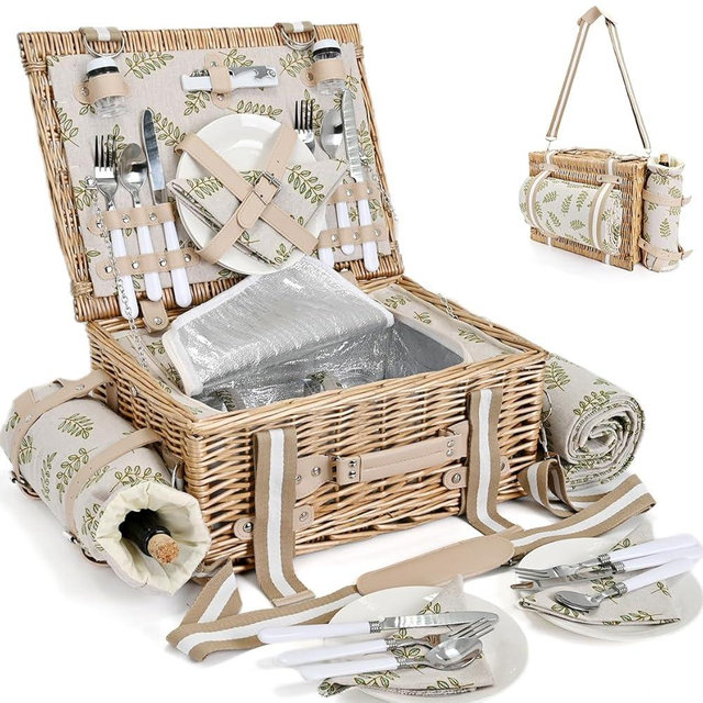 31Pcs Picnic Basket Set for 4 with Insulated Liner and Waterproof Blanket Wine Pouch, Large Wicker Picnic Hamper for Camping,Outdoor,Valentine Birthday Christmas for Couples,Leaf