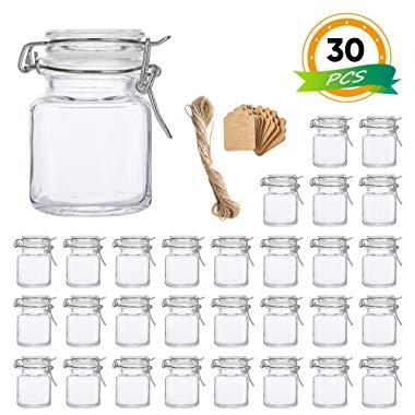 Spice Jars, Flrolove 30 Pack 3.5oz Square Glass Jars with Leak Proof Rubber Gasket & Hinged Lid,Small Glass Containers with Airtight Lids for Home, Party Favors