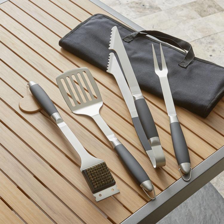 Pure Grill 4-Piece Stainless Steel BBQ Tool Utensil Set with Meat Fork,  Spatula, Tongs, and Basting Brush