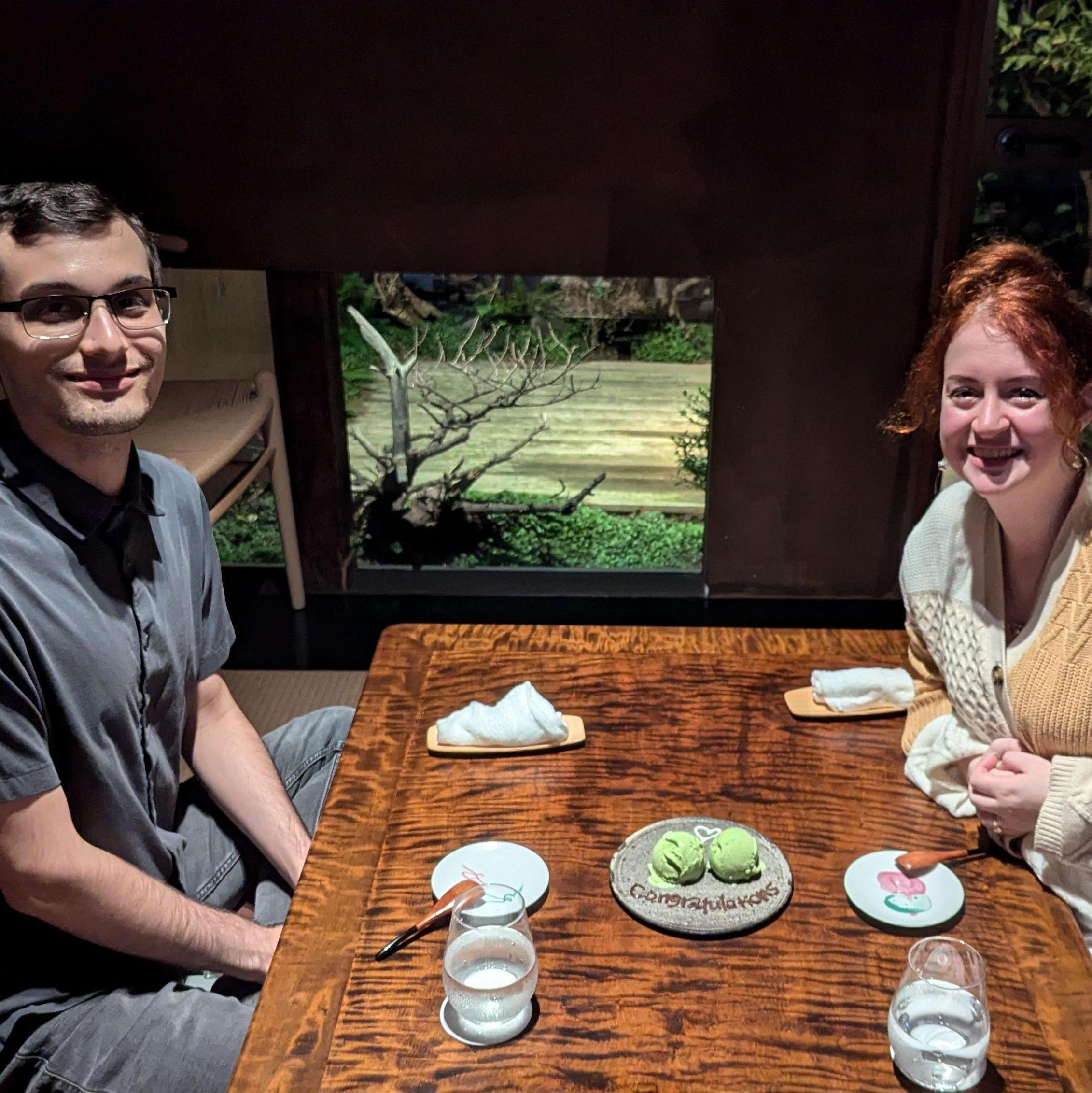 After Kyle proposed in our private tea room at a traditional Japanese inn, we had a special dinner and the staff surprised us with dessert!