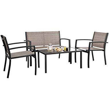 Devoko 4 Pieces Patio Furniture Set Outdoor Garden Patio Conversation Sets Poolside Lawn Chairs with Glass Coffee Table Porch Furniture (Brown)