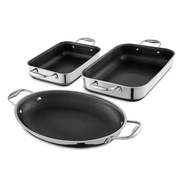 HexClad Hybrid Nonstick 4 Piece Roasting Pan Set with Rack, Stay-Cool Handle, Dishwasher and Oven Safe, Compatible with All Cooktops, Induction Ready