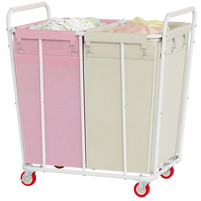 Hoctieon 2 Section Laundry Sorter Cart, 400L Rolling Hamper with Wheels, Industrial Laundry Basket Organizer, Extra Large Dirty Clothes Hamper for Home & Hotel, Heavy Duty, Pink+Beige