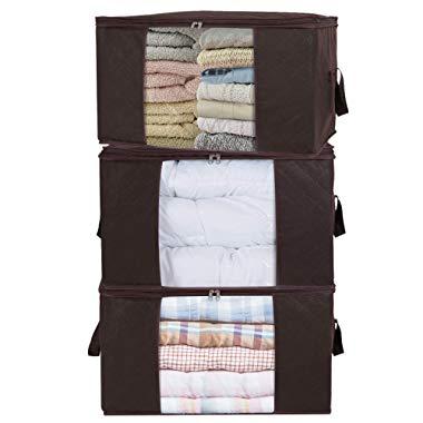 Lifewit Large Capacity Clothes Storage Bag Organizer with Reinforced Handle Thick Fabric for Comforters, Blankets, Bedding, Foldable with Sturdy Zipper, Clear Window, 3 Pack, 90L, Brown
