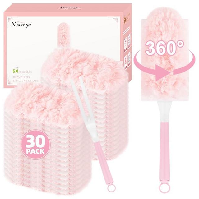 Nicemiya 30 Count Pink Duster Refills Compatible with Swiffer Handle, 360° Multi-Surface Duster Refills with 1 Handle, 5X Microfibers Disposable Dusters for Home, Office & Commercial Cleaning