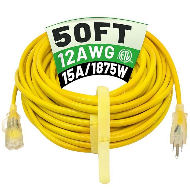 POWGRN 50 ft 12/3 Outdoor Extension Cord Waterproof Heavy Duty with Lighted Indicator End 12 Gauge 3 Prong, Flexible Cold-Resistant Long Power Cord Outside, 15Amp 1875W SJTW Yellow ETL Listed