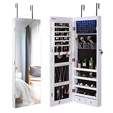 Nicetree 8 LED Mirror Jewelry Cabinet, Jewelry Armoire Organizer with Full Screen Mirror, Wall/Door Mounted, Full Length Mirror, White