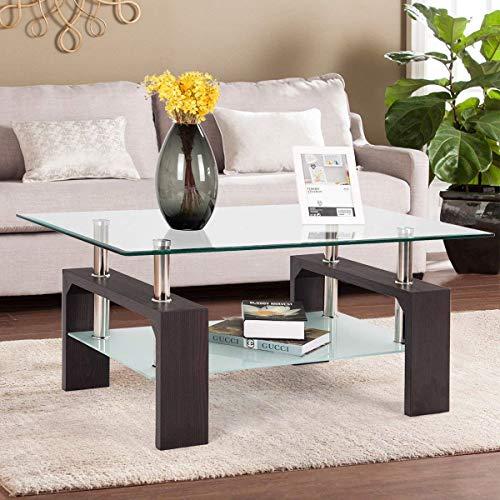 Mecor Rectangle Glass Coffee Table-Walnut Modern Side Coffee Table with Lower Shelf, Wooden Legs-Suit for Living Room