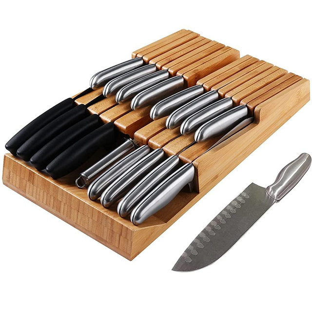 NIUXX In-Drawer Knife Block with 16 Knives, Bamboo Knife Organizer for Steak Knives, Chef Knives and Sharpener, Cutlery Holder with Detachable Knife Slots, Premium Kitchen Knives Set for Home