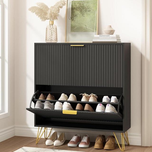 NOVAMAISON Shoe Cabinet with 2 Flip Drawers, Fluted Black Shoe Storage Cabinet, Hidden Shoe Cabinet Storage Cabinet for Entryway Slim, Modern Freestanding Shoe Rack Organizer, Black