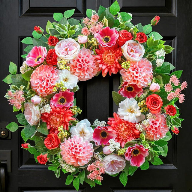 Spring and Summer Wreath for Front Door, Artificial Dahlia, Chrysanthemum, Rose and Anemone Floral Wreath with Greenery, Spring Door Wreath for Indoor Outdoor Decor
