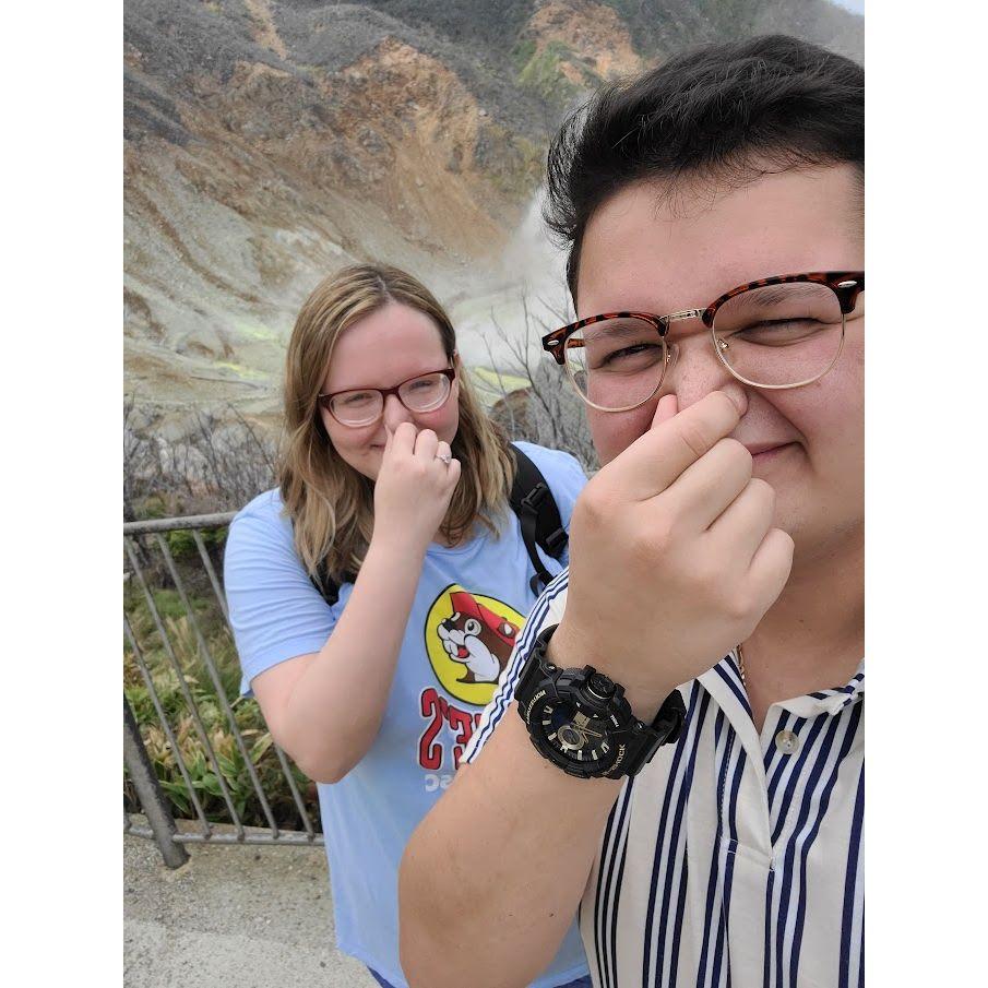 In Japan in 2023, we visited Mt. Hakone, which is an active volcano. This is where they make hot spring eggs. It stinks of sulfur!