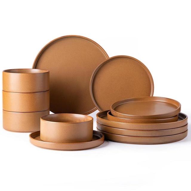LERATIO Ceramic Dinnerware Sets for 4, High Edge Stoneware Plates and Bowls Set, Chip and Crack Resistant | Oven & Dishwasher & Microwave Safe Dishes Set, Service for 4 -Caramel