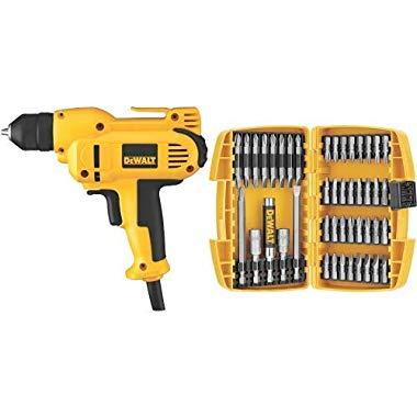 DEWALT DWD115K 8 Amp 3/8-Inch VSR Mid-Handle Grip Drill Kit with Keyless Chuck with DEWALT DW2166 45 Piece Screwdriving Set with Tough Case