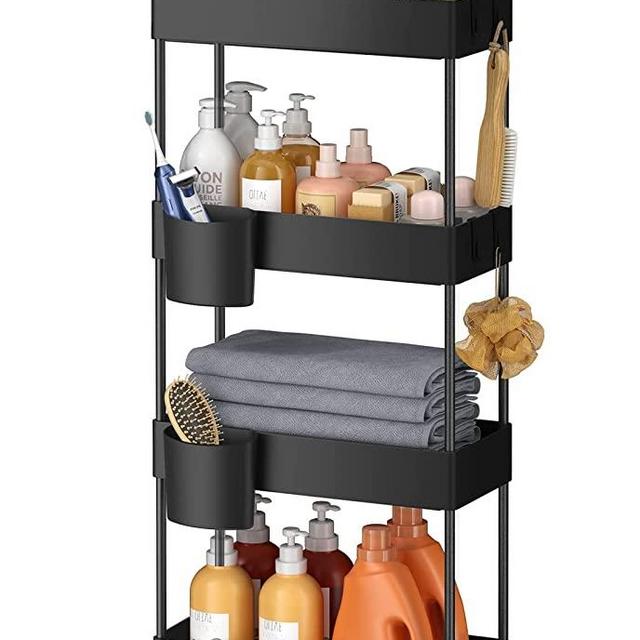Pipishell Slim Storage Cart with Wheels, 4 Tier Bathroom Storage Organizer Rolling Utility Cart for Bathroom Kitchen Laundry Room Office Narrow Place (Black)