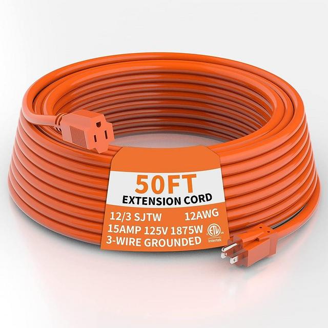 PLUGTUL 12/3 Outdoor Extension Cord 50 FT Waterproof, Heavy Duty 12 Gauge SJTW Extension Cord, 15A 1875W, ETL Listed, Great for Garden and Home, Orange