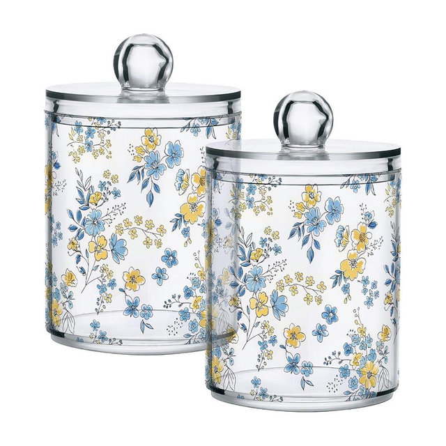 SDMKA 2 Pack Apothecary Jars Bathroom Blue Yellow Floral Qtip Holder Dispenser Clear Plastic Storage Canister Jar with Lid for Cotton Ball, Cotton Swab