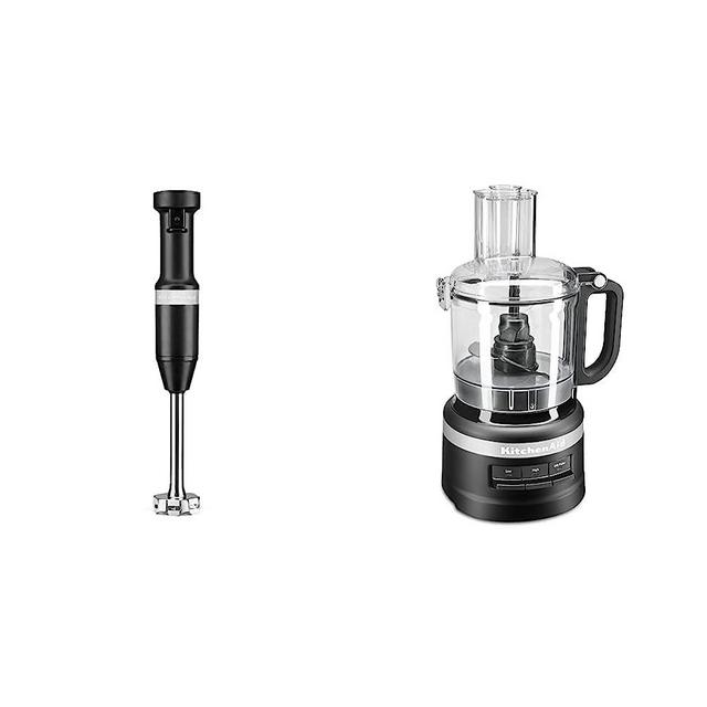 KitchenAid KHBV53BM Variable Speed Corded Hand Blender, Black Matte, 8 in & KFP0718BM Food Processor, 7 cup, Matte Black