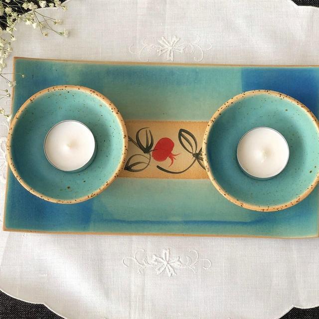 Shabbat candle holder with a matching tray | turquoise Shabbat tray with pomegranates | Handmade in Israel