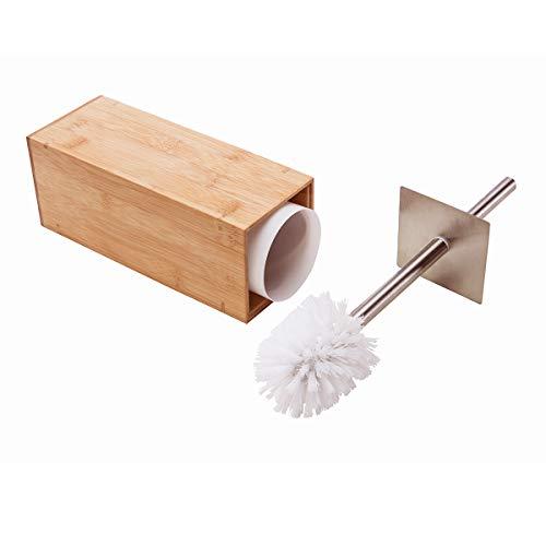 GOBAM Toilet Brush and Holder Stainless Steel Handle and Lid for All Toilet Types with Sanitary Storage,Bamboo (Natural)