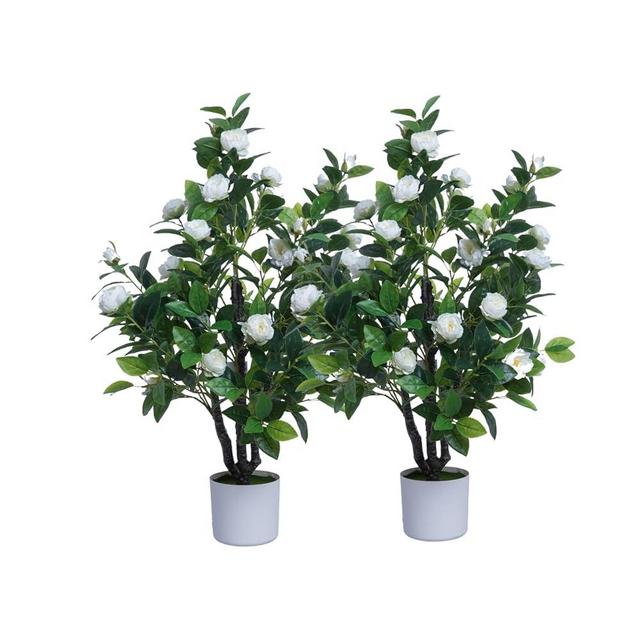 ECOFOREST Artificial Camellia Tree 35in Faux Floral Plant with White Flowers and Green Leaves - No Maintenance Indoor Outdoor Office Home Porch Decor Housewarming Gift(2Pack，White)