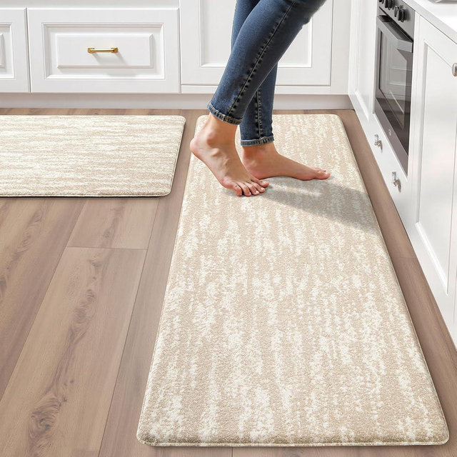 Kitchen Mats for Floor 2PCS, Absorbent Textured Fabric, 1/2 Inch PVC Cushioned Anti Fatigue Non Slip Kitchen Rugs, Abstract Comfort Standing Mats for Sink, 17.3"x28"+17.3"x47", Light Brown Multi