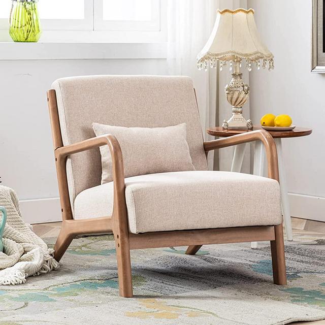 ANJHOME Mid Century Modern Accent Chair, Single Fabric Lounge Reading Armchair with Solid Wood Frame, Easy Assembly Arm Chairs for Living Room, Beige