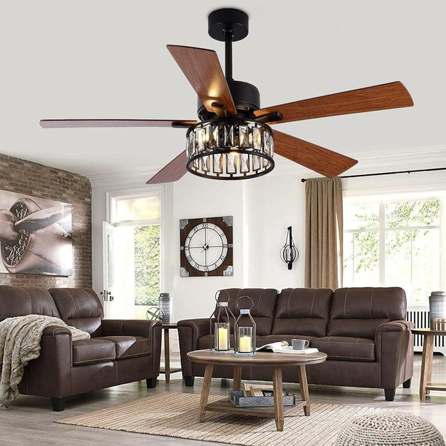 Morpholife Farmhouse Caged Ceiling Fan with Light Remote Control, 52" Rustic Crystal Chandelier Fan, Black Industrial Quiet Motor Ceiling Fan with 5 Wood Reversible Blades for Living Room, Bedroom